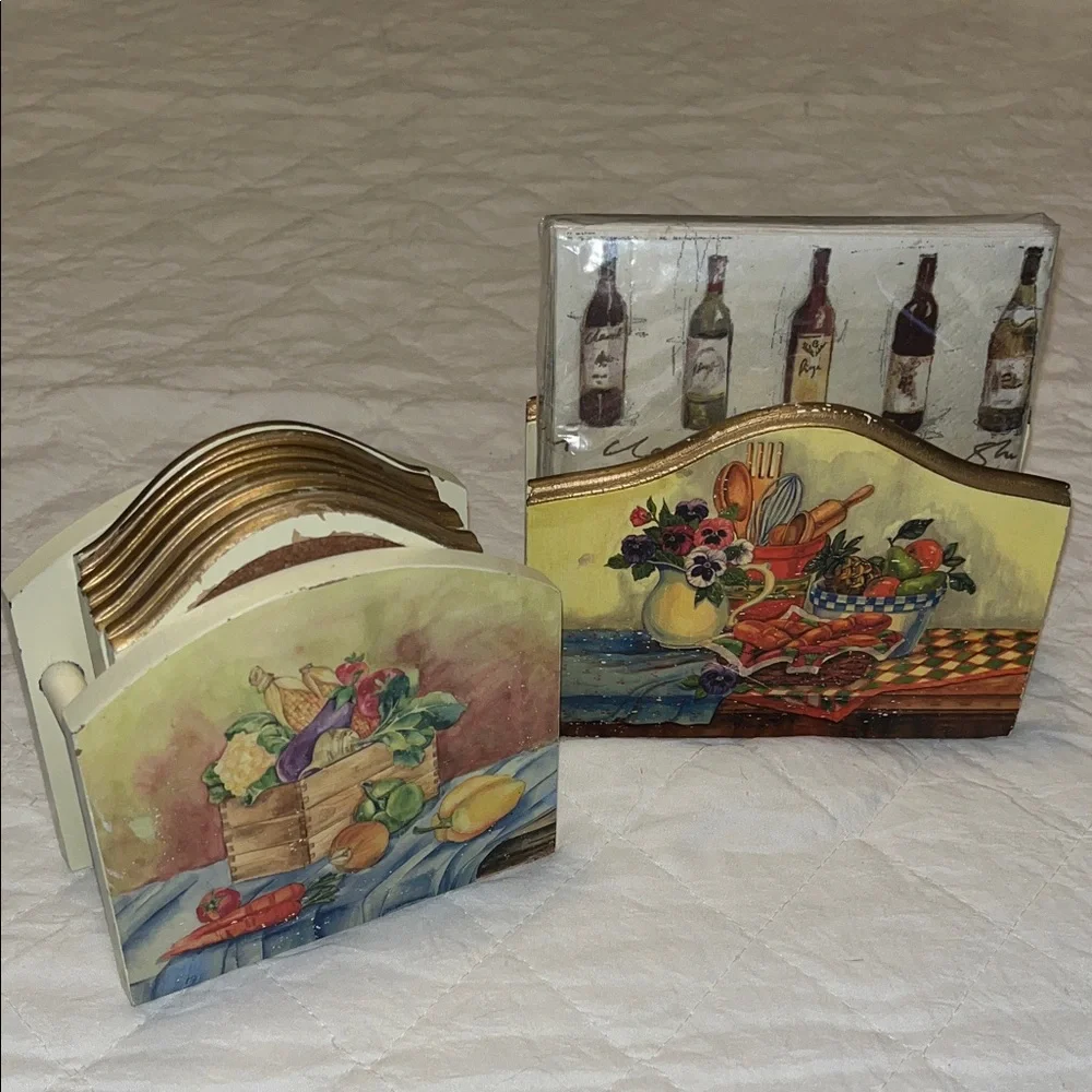 Vintage Decorative Painting Wooden Napkin Holder And Coaster Holder Set